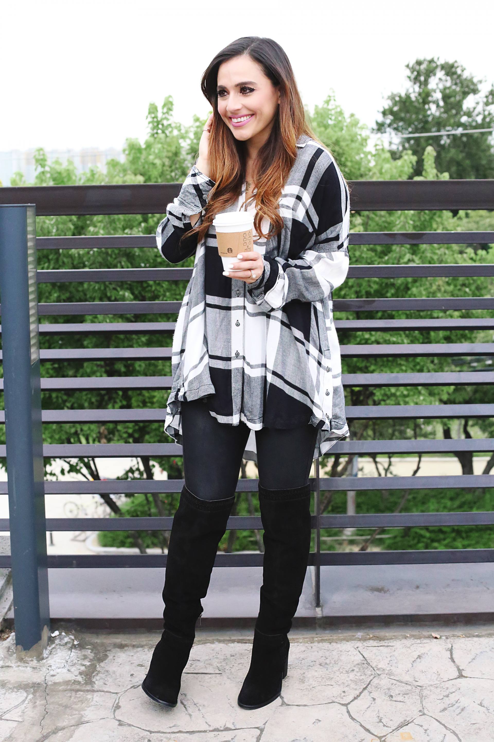 fall oversized plaid + over the knee boots - Jasmine Elias