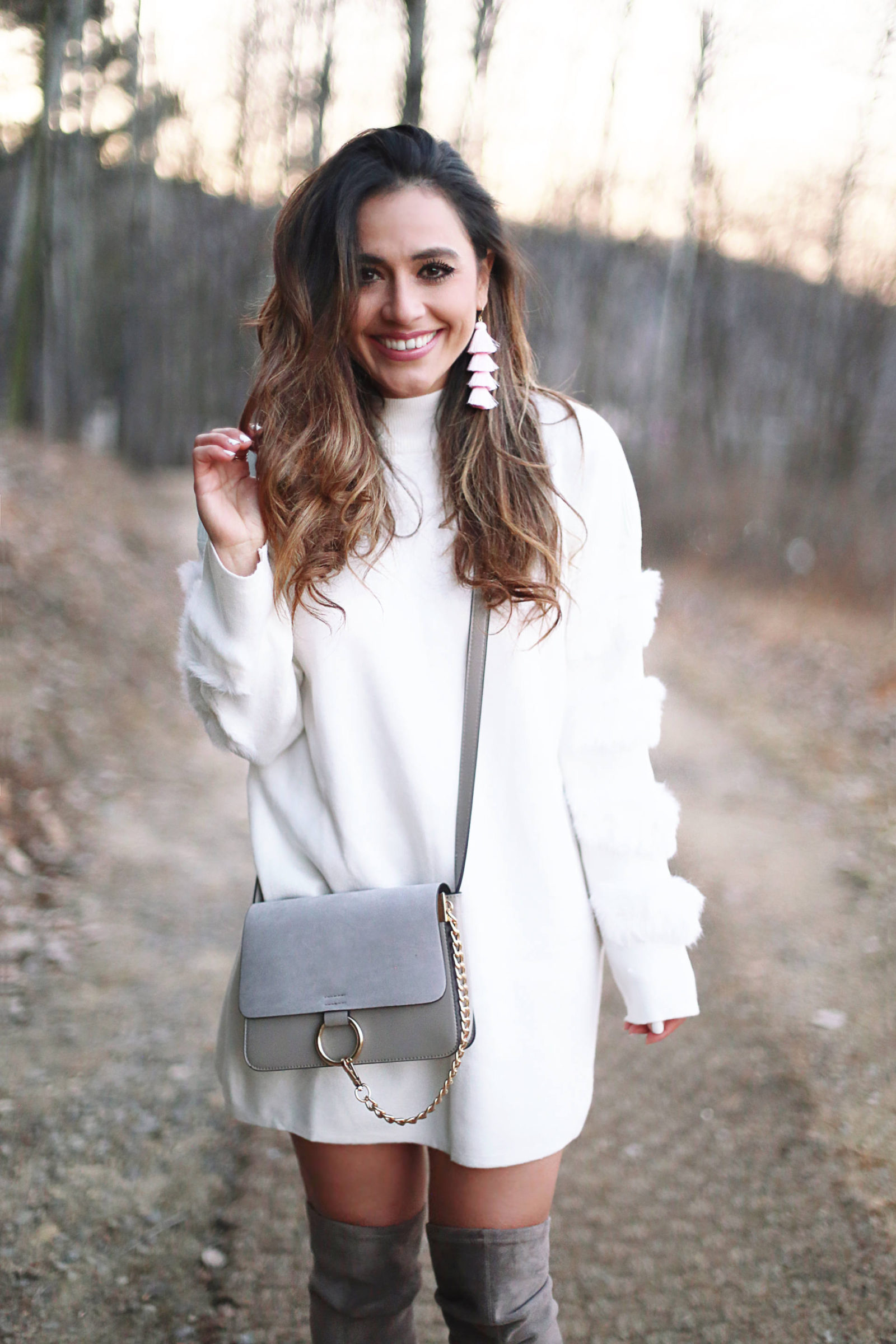 faux fur pom sweater dress