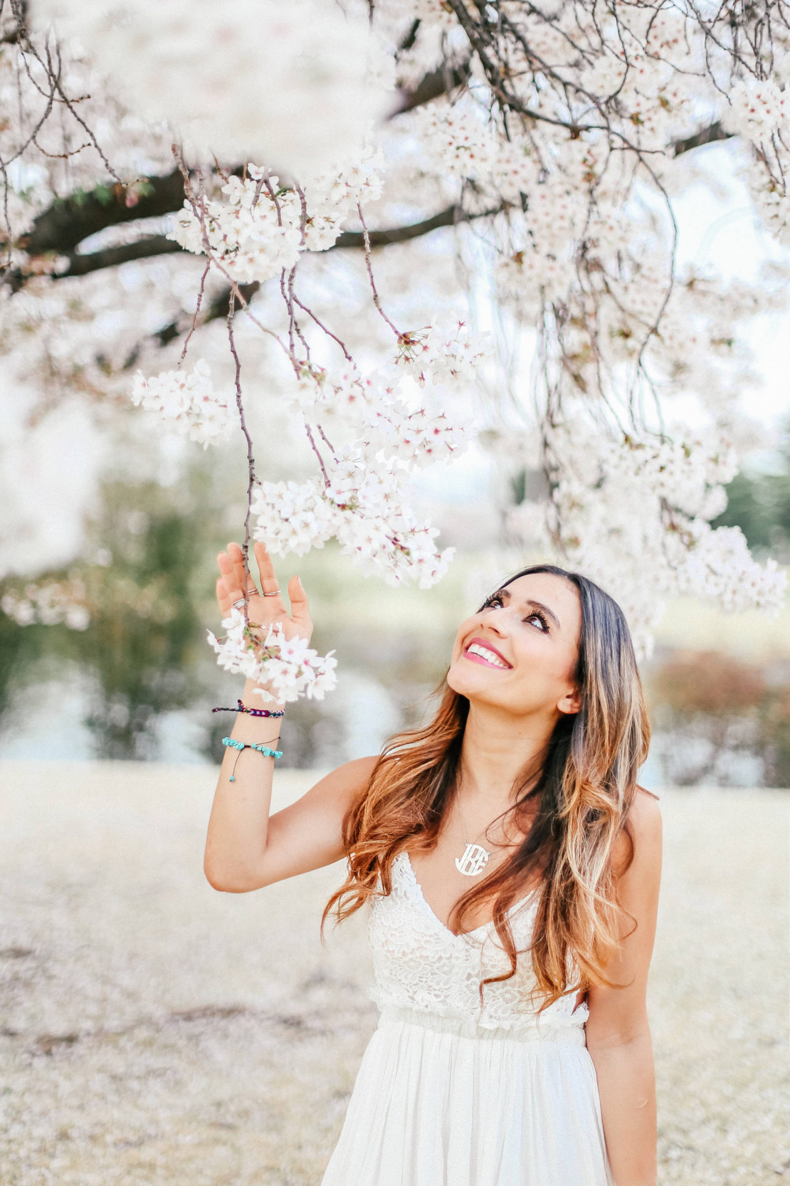 white spring maxi dress + cherry blossoms