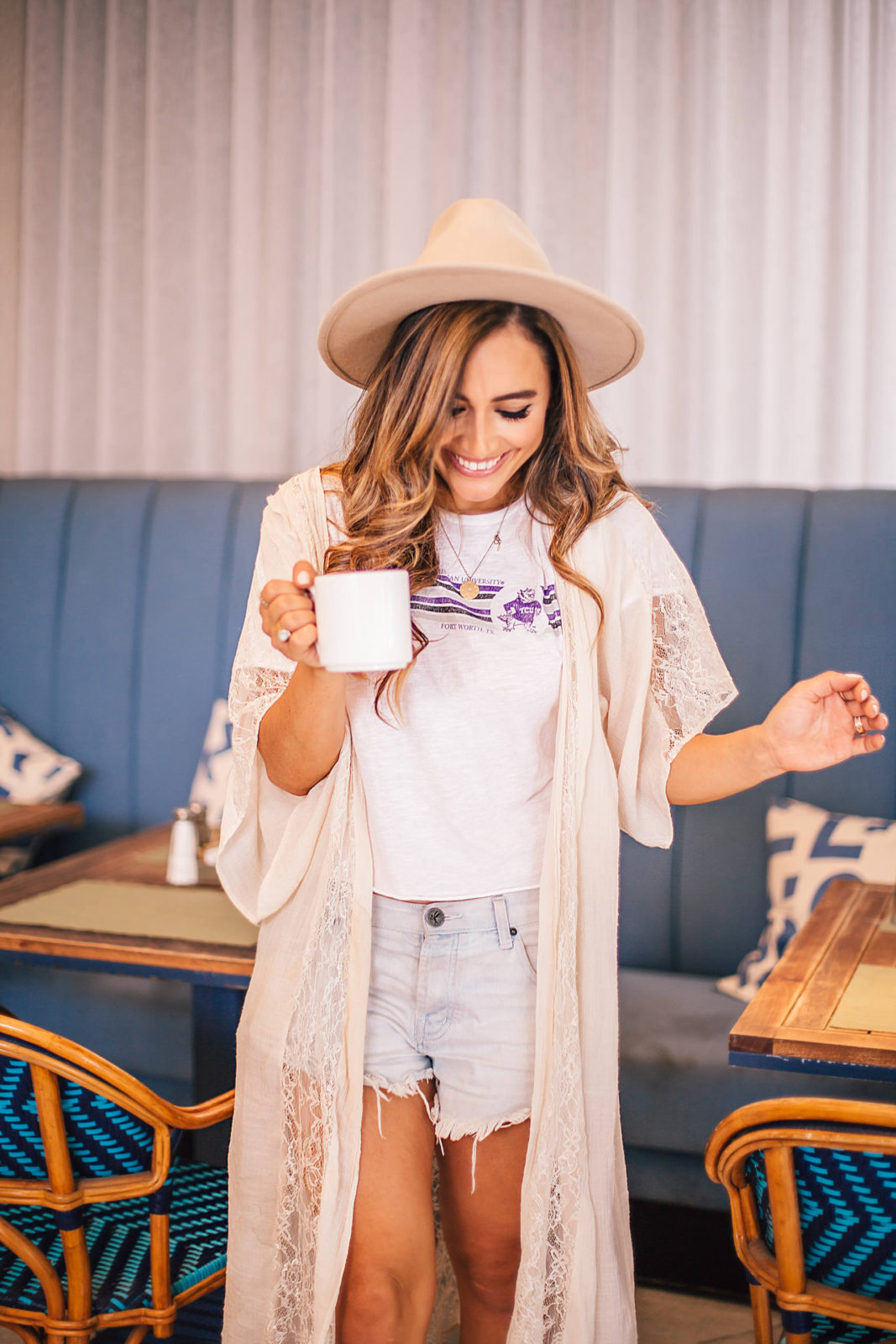 fall outfit inspo, kimono and wide brim hat