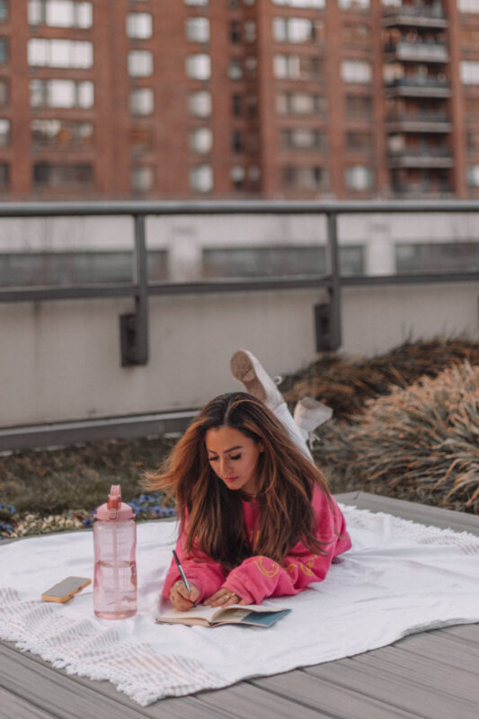 new york city lifetsyle blogger, journaling, healthy, outside, picnic, graphic tee, urban outfitters sweater, long hair, brunette